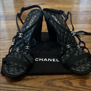 CHANEL Black Strappy Heels with Pearl Accents